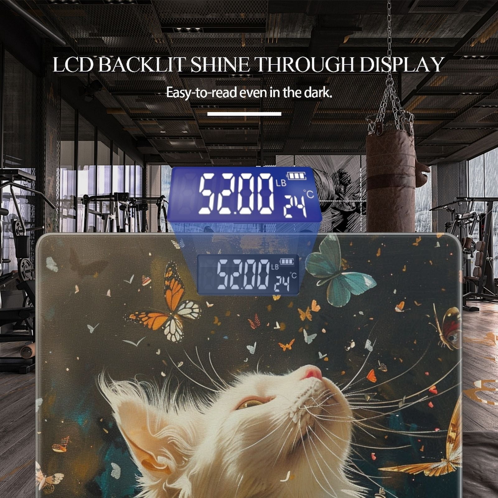 Bathroom Scale, Highly Accurate Digital Body Scale,Precisely Measures Weight up to 400 lbs-White Cat Surrounded By Butterflies Of Fantasy Art