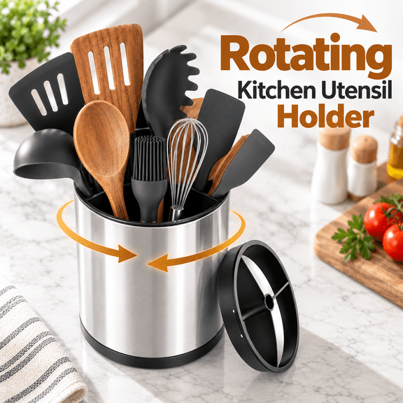 OZERA Extra Large Kitchen Utensil Holder, 360° Rotating Stainless Steel Countertop Caddy, 3 Compartment Flatware Organizer with Removable Base, Silvery
