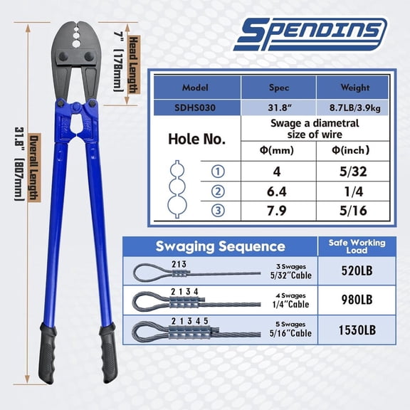 Heavy Duty 31.8 Inch Hand Swaging Tool with Ergonomic Handle - Wire Rope Crimping Tool for 5/32", 1/4", 5/16" Wires, Copper & Aluminum Oval Sleeves & Stop Sleeves