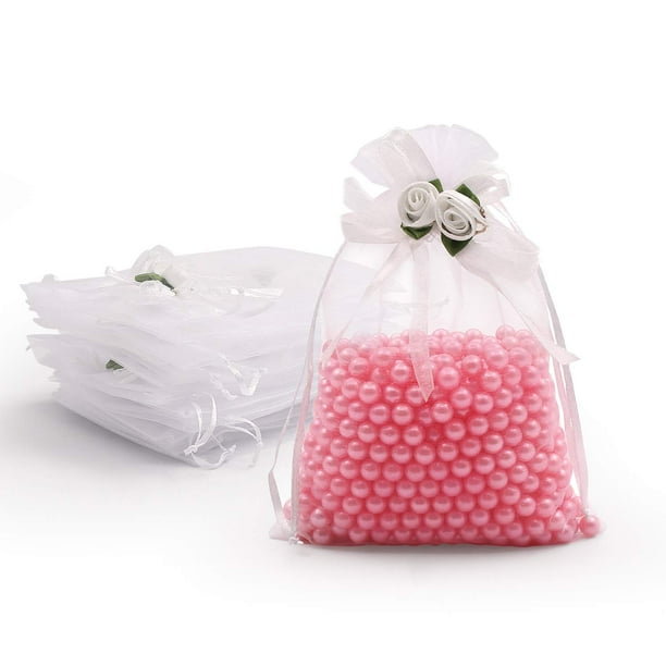Bolsas de regalo SumDirect de organza con rosa 13x18 cm - 50 piezas blancas