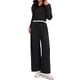 thumbnail image 2 of Conjuntos de dos piezas ATHLECHIC para mujeres, sudadera recortada de punto acanalado con medio botón y pantalones de pierna ancha, conjuntos de lounge casuales en negro, 2 of 4