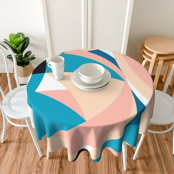 TEQUAN 60" Round Tablecloth, Geometric Fashion Flat Style Pattern Washable Polyester Table Cloth, Waterproof Wrinkle Resistant Decorative Table Cover