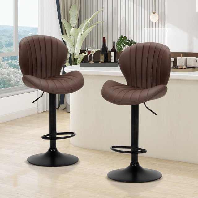 MALOL Modern Swivel Bar Stools Set of 2, Height Adjustable Bar Chairs with Back PU Leather – Brown
