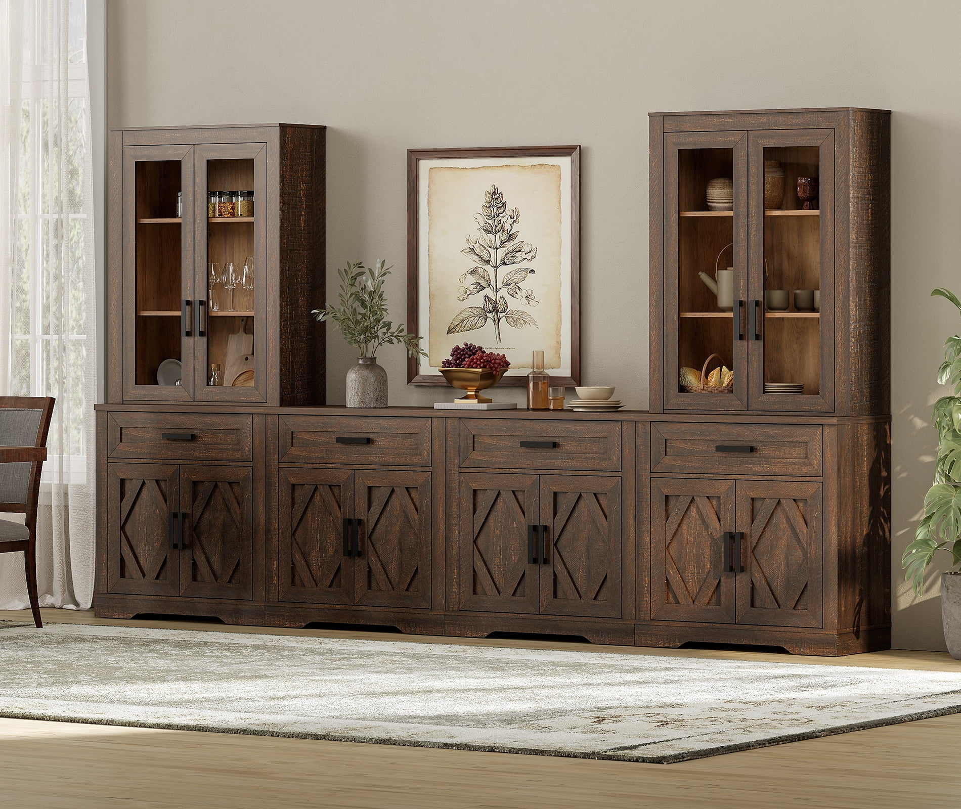 WAMPAT Farmhouse Entertainment Center with Bookshelf for TVs up to 70",Mid Century Modern TV Stand with 73"H Tall 5-Tier Bookcase with Open Storage and Barn Doors for Living Room,Bedroom,Rustic Brown