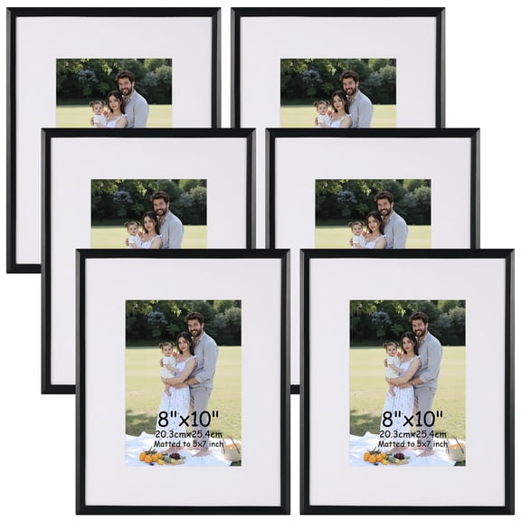 8x10 Picture Frames Set of 6, Display 5x7 Picture with Mat or 8x10 Without Mat, Black Photo Frame for Wall Hanging or Tabletop