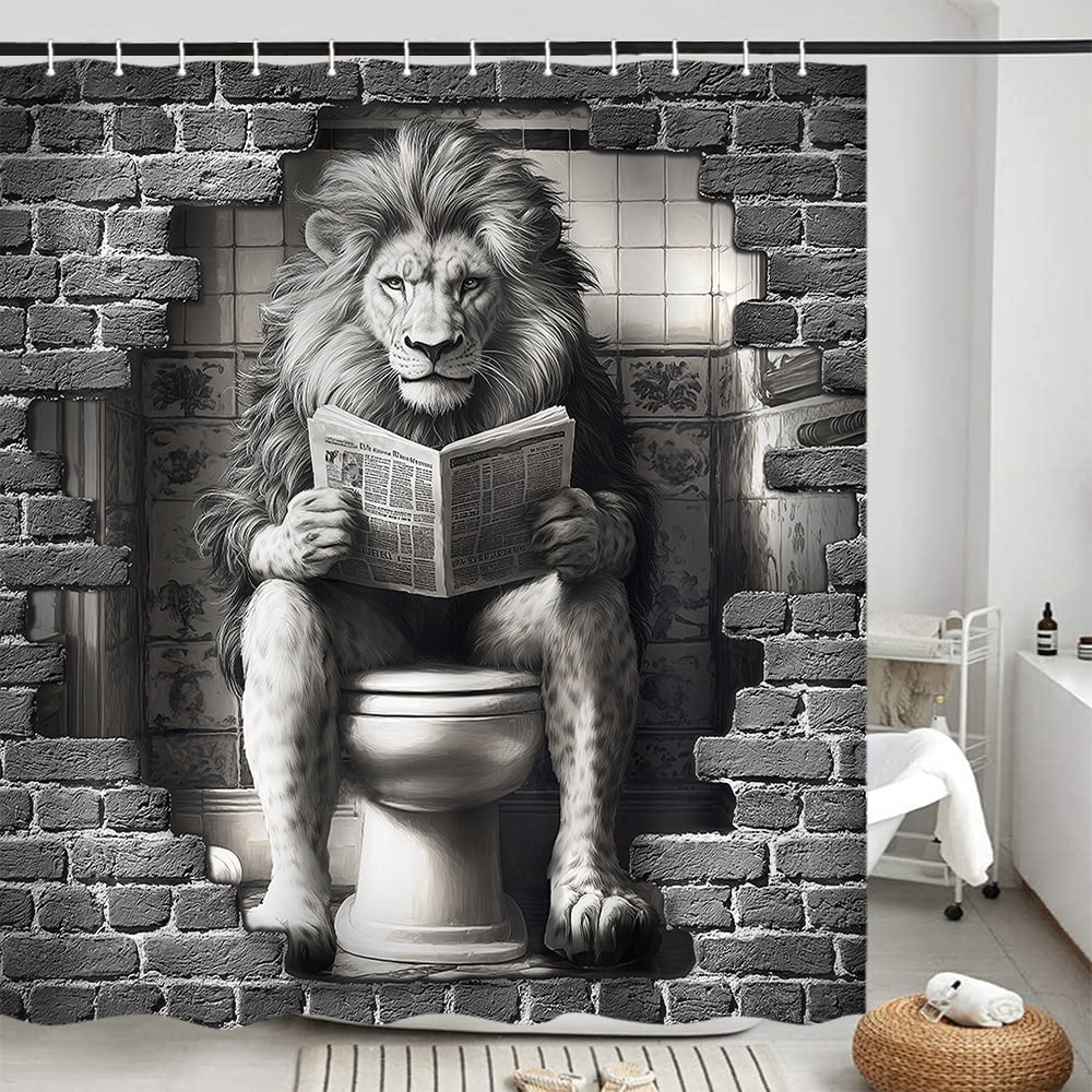 Funny Lion Bathroom Shower Curtain, Lions on Toilet Reading Newspaper Theme Bathroom Shower Curtain Set, Humor Animals Shower Curtain for Kids Adults Bathroom Decorations with Hooks, 69X84IN