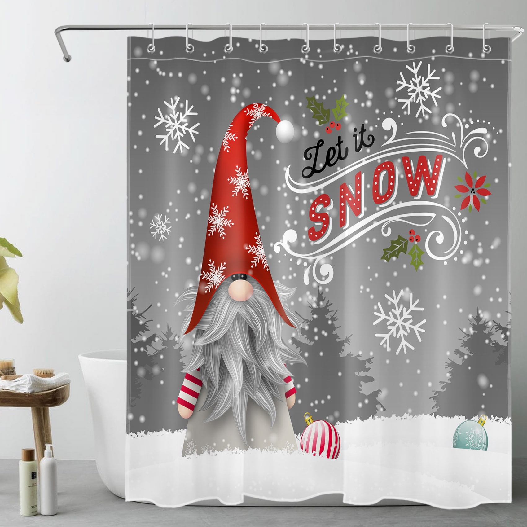 HVEST Let It Snow Shower Curtain,Gnome with Red Santa Hat and Christmas