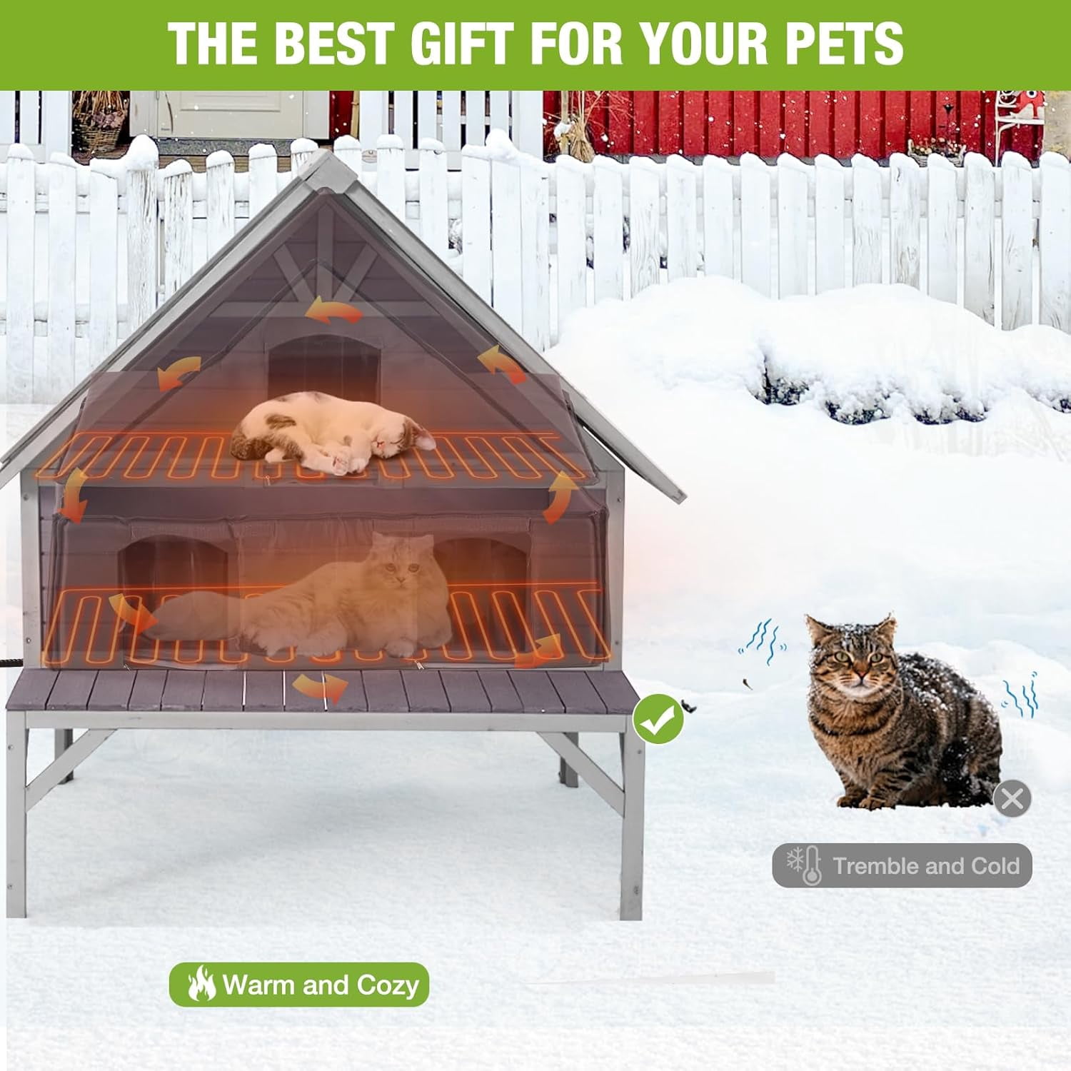 Aivituvin Heated Cat House 2-Level Large Outdoor Cat House Insulated Weatherproof Feral Cat Shelter with 2 Heating Pads, Insulated All-Round Thermal Liner, Large Porch, 3 Escape Doors for 1-6 Cats