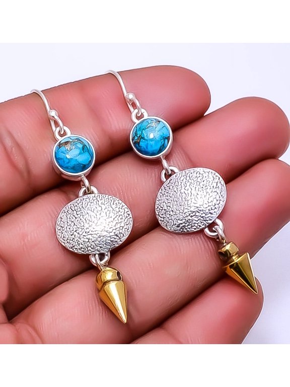 Copper Blue Turquoise 925 Sterling Silver Two Tone Arrow Head Earring 2.34" E21, Beautiful Jewelry For Woman, New Year Sale, Valentin's Day Gift