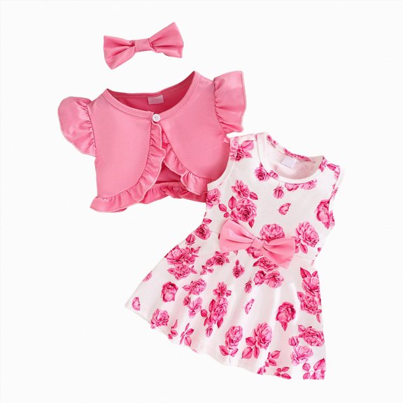 Toddler Baby Girls Outfits Sleeveless Floral Print Dress Ruffle Short Sleeve Coat Bow Headband Clothing sets