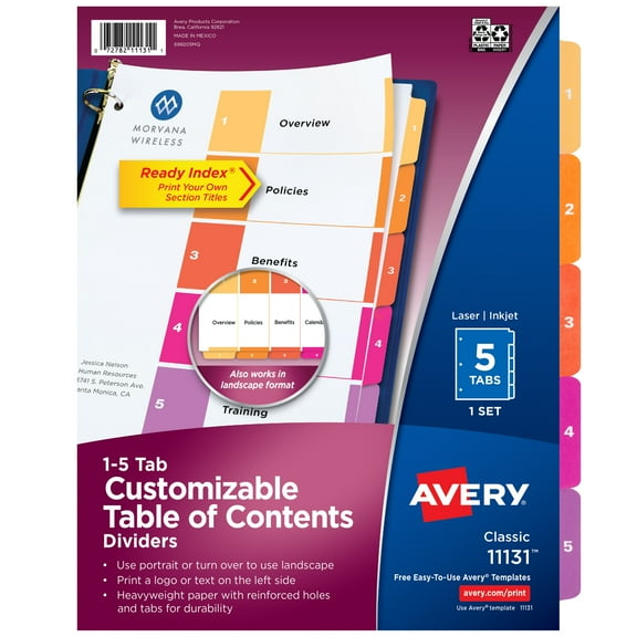 Avery Dividers, 5 Tabs, Ready Index, Multicolor Tabs (11131)