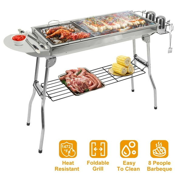 Portable Charcoal Grill Suitcase - Foldable Stainless Steel BBQ Grill with Shelf for Outdoor, Camping, Picnics & Garden, 25.79" x 11.61" Cooking Area
