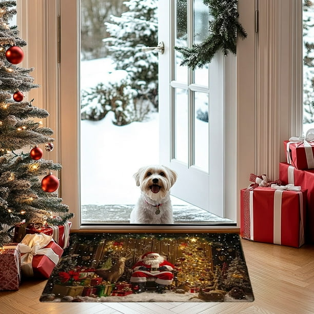 Alfombra navideña para puerta, interior y exterior, con diseño de casita de jengibre y Papá Noel. Decoración navideña antideslizante. Ideal para entrada, cocina y baño. Alfombra de poliéster.