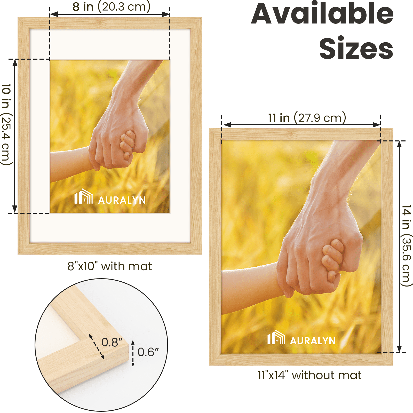 AURALYN 11x14 Picture Frame Set of 3 – Fits 8x10 with Mat or 11x14 Without Mat – Easy to Hang, Finger-Friendly, Includes Hanging Kit (Classic Wood Grain, 3 Pack)
