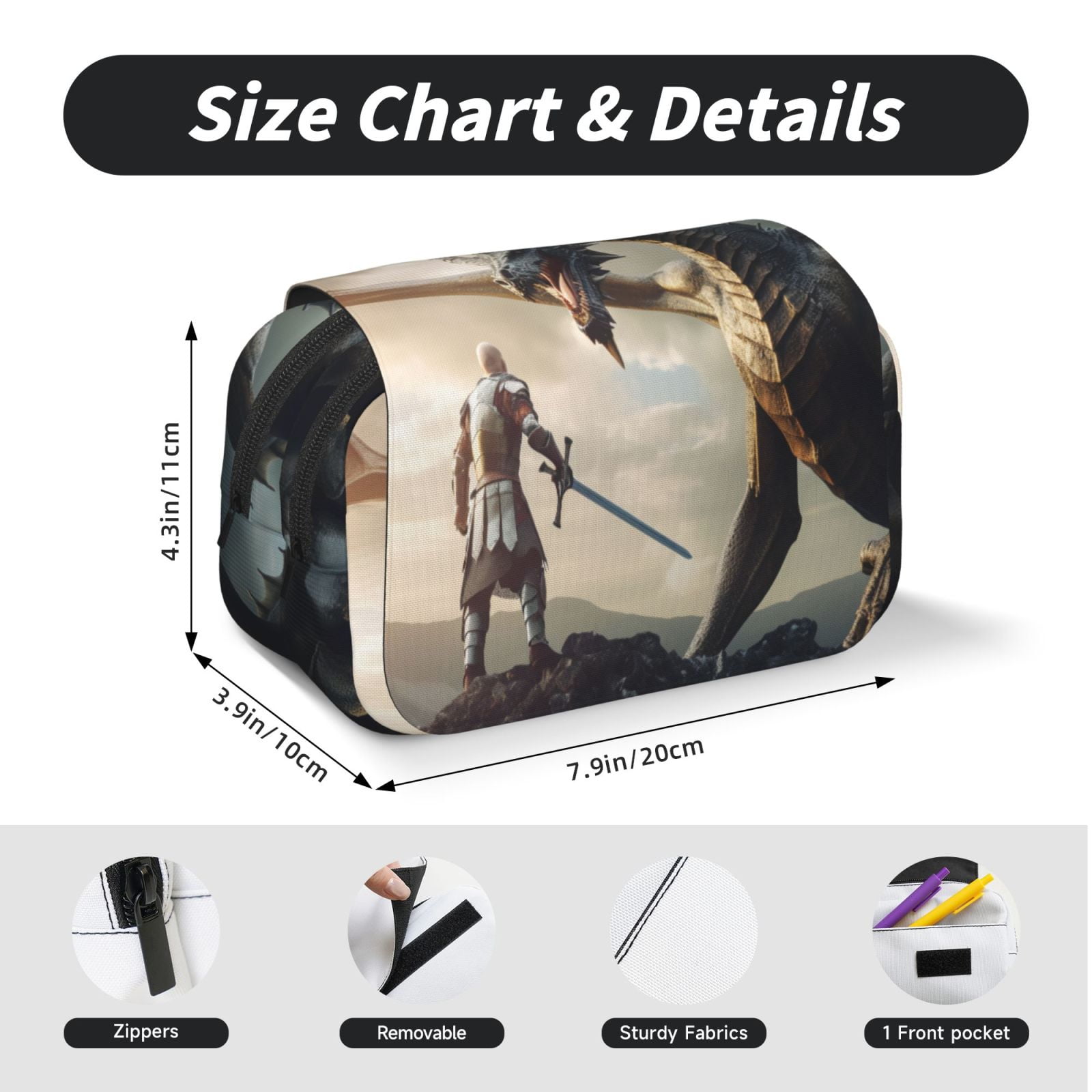 Rateoe Swordsman Cool Dragon Pattern Double Clamshell Pen Case, Storage Organizer with Two Zipper Compartments– Holds Up to 50 Pencils & Pens