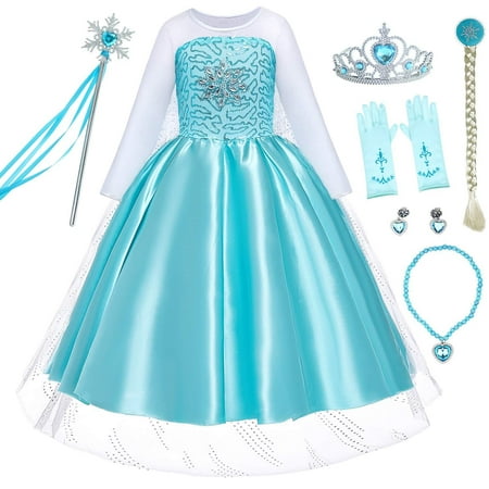 Snow Queen Princess Elsa Costumes Birthday Dress Up for Little Girls with Crown,Mace,Gloves Accessories 3-12 Years 4-5 Years Lb-18 With Accessories