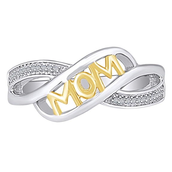 AFFY Mother's Day Jewelry Gifts Round Shape White Cubic Zirconia Two Tone Mom Bypass Promise Ring In 14k White Gold Over Sterling Silver Ring Size-5
