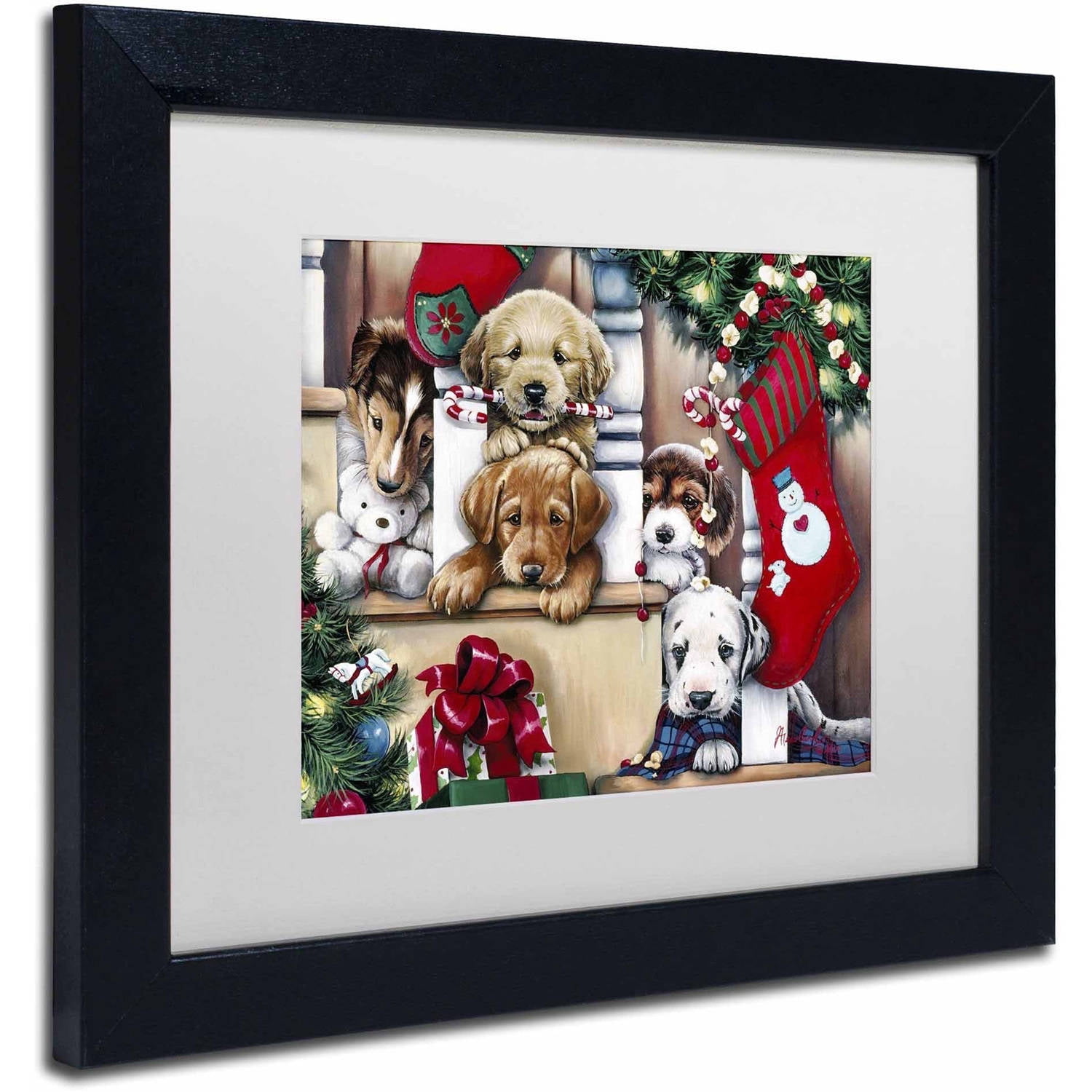 Trademark Fine Art 'Christmas Puppies On The Loose' Canvas Art by Jenny Newland, White Matte, Black Frame