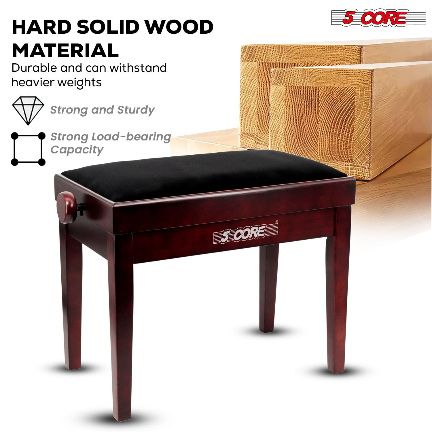 Adjustable Piano Bench Thick 3.25" Solid Wood Keyboard Stool Heavy Duty Musician Chair