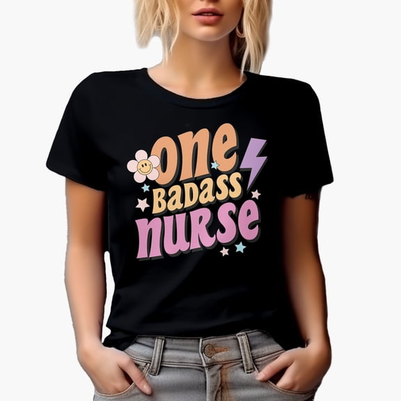 One Bad Ass Nurse, Retro Nurses Week Merch Gift, Black T-Shirt, Small