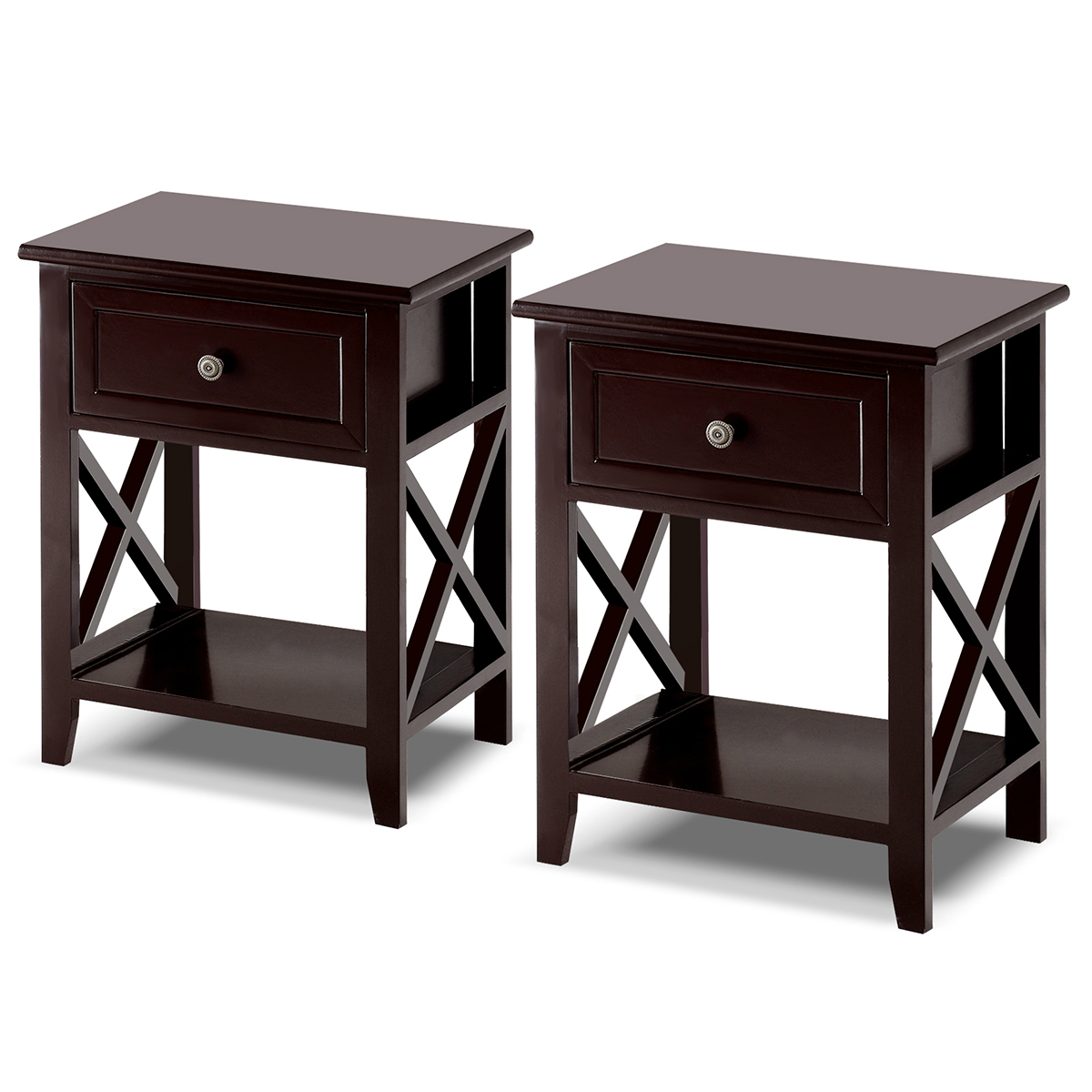 2PC End Table Nightstand w/Drawer & Shelf Bedroom Furniture Brown