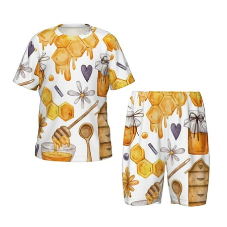 Luyuia Honey Bee Set Print Girls  2-Piece Tie-Dye Pajama Set  Cute Summer Loungewear with Shirt and Tank Shorts Nightwear-X-Large