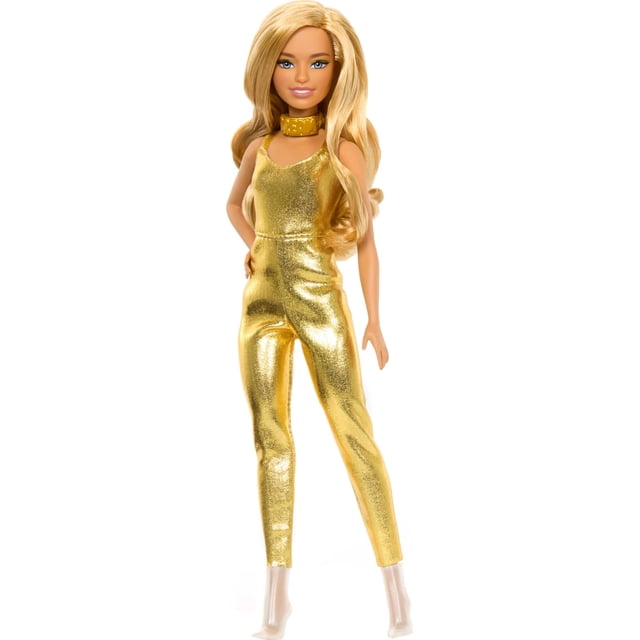 Barbie Fashionistas Doll #222, Petite Body Type with Blonde Wavy Hair, Golden Jumpsuit & Accessories, 65th Anniversary Collectible Fashion Doll