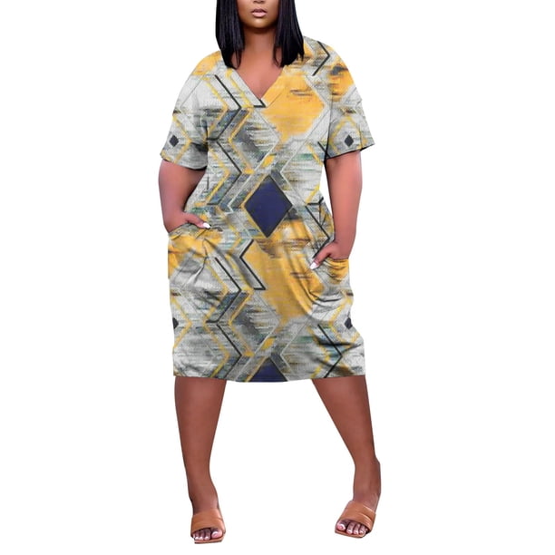 Gibobby Vestido de verano casual para mujer Vestido con cuello en V y estampado floral de manga corta informal de verano para mujer Boho Beach Mini Swing Sundr(Amarillo,M)