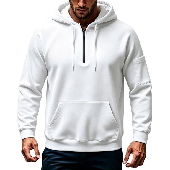 Mens Fleece Lined Sweatshirts Quarter Zip Drawstring Hoodie Fashion Casual Fall Sweatshirt White XXXL
