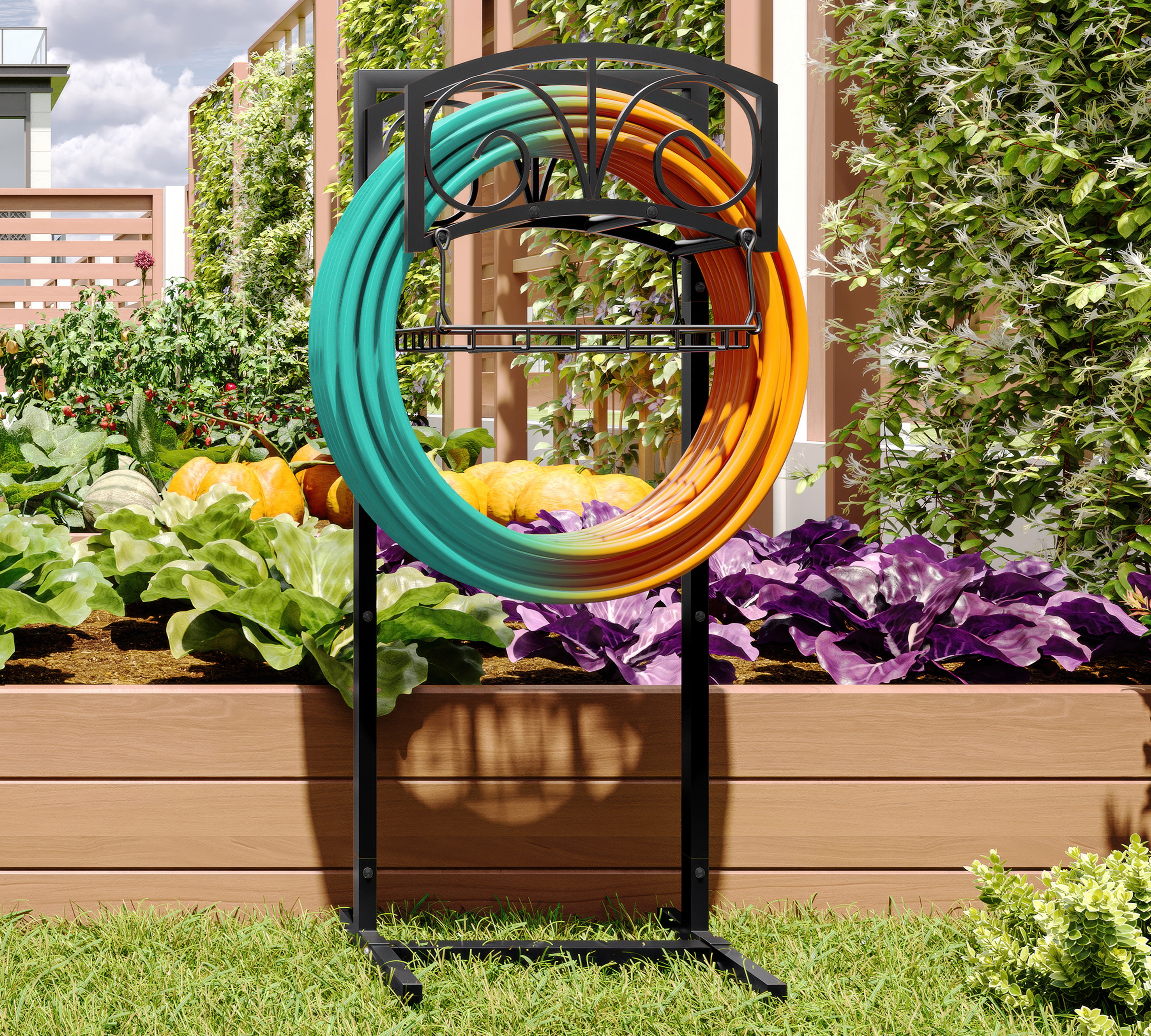 Freestanding Heavy Duty Garden Hose Holder with Storage Basket - In-Ground Outdoor Hose Organizer, Detachable Stake & Reel Stand for Lawn, Yard, Patio, Garden - Rustproof Durable Design - Fire Beauty
