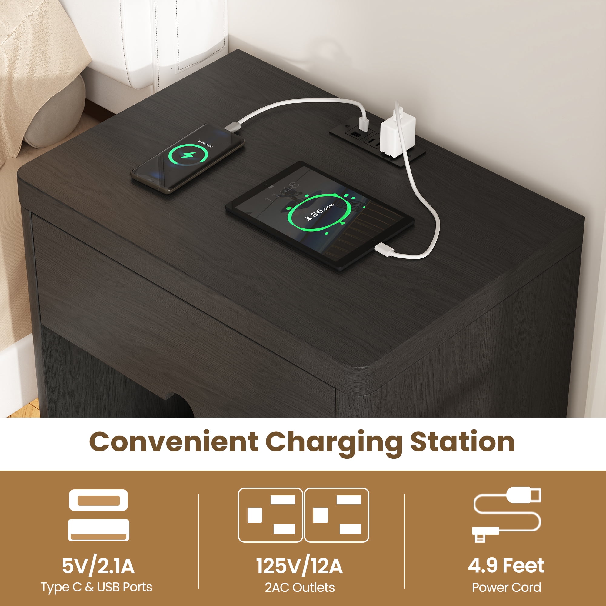 NEGYLIM 24" Wood Nightstand with USB Charging Station, Bedside Table with Safe Rounded Corners & Crescent Handles – Sturdy End Table for Bedroom, Living Room, Nursery (Black, 1-Piece)