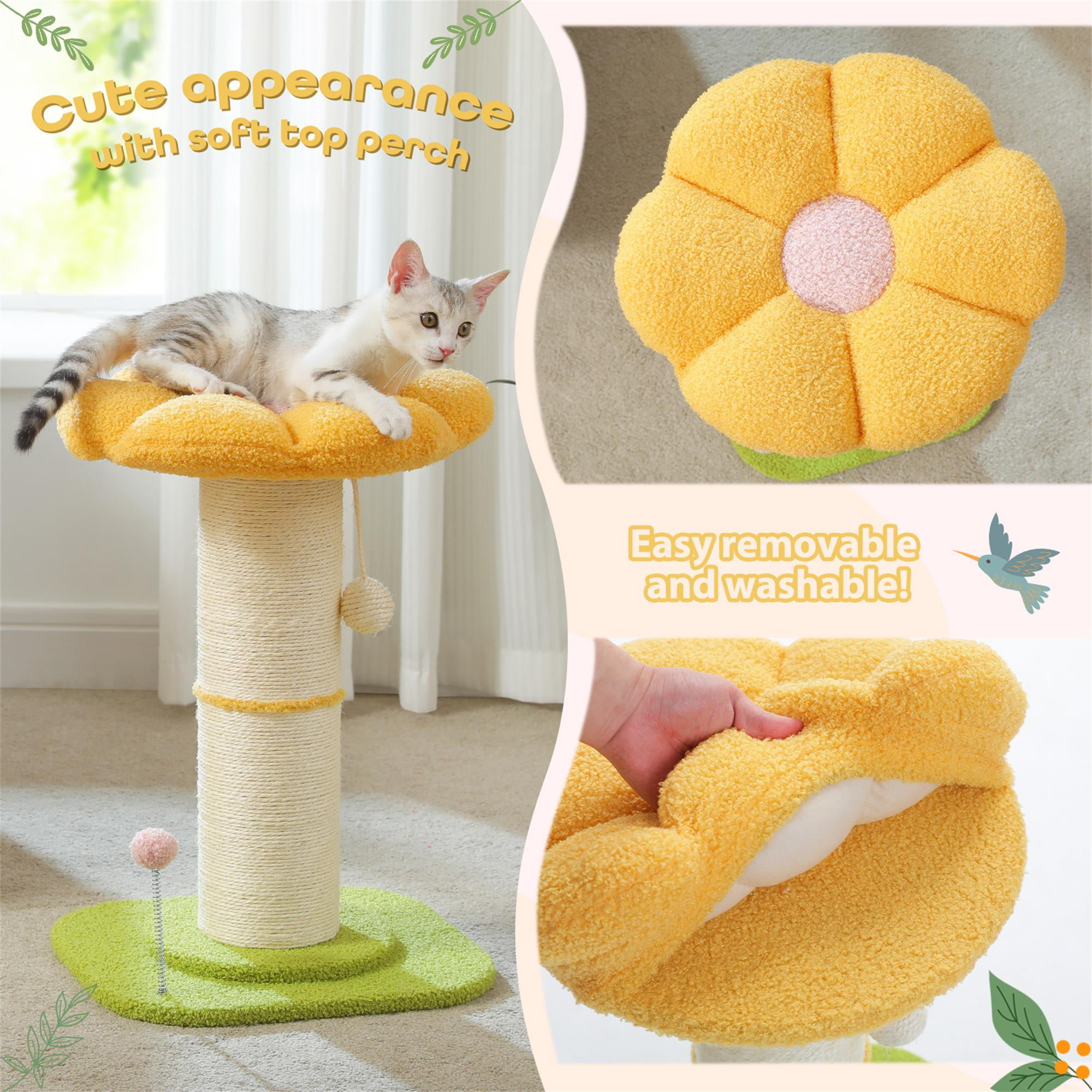 Kadyn 23" Cat Scratching Post, Small Cat Scratcher Tree for Indoor Cats with Removable Flower Cat Bed, Cat Tree Tower with Spring Ball, Yellow