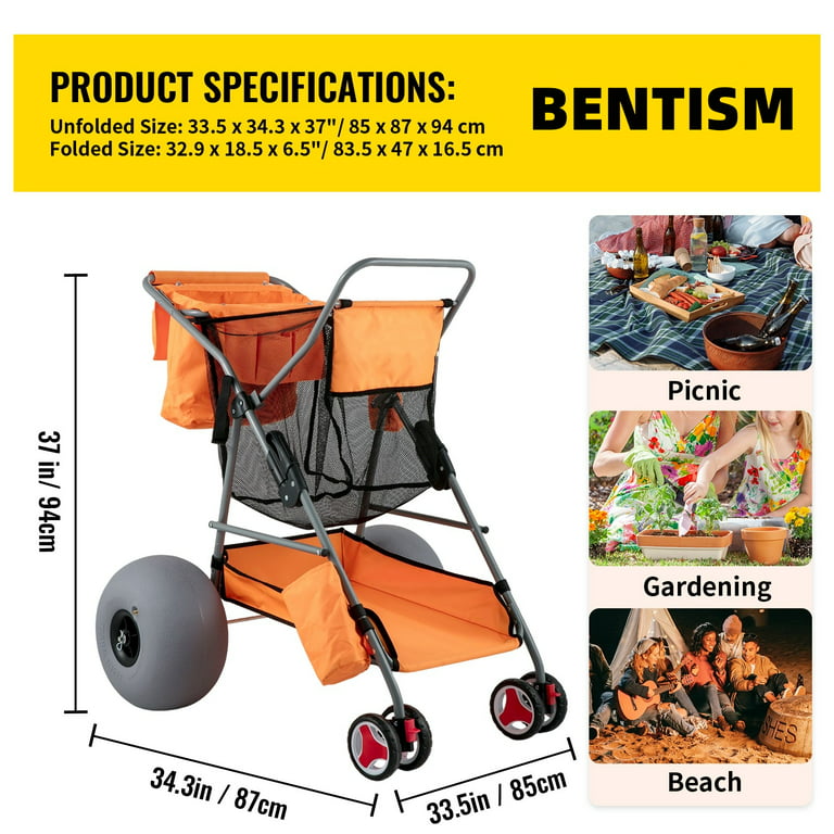 BENTISM Wonder Wheeler Wide Beach Cart with 12'' Balloon Wheels & Storage  Bag 
