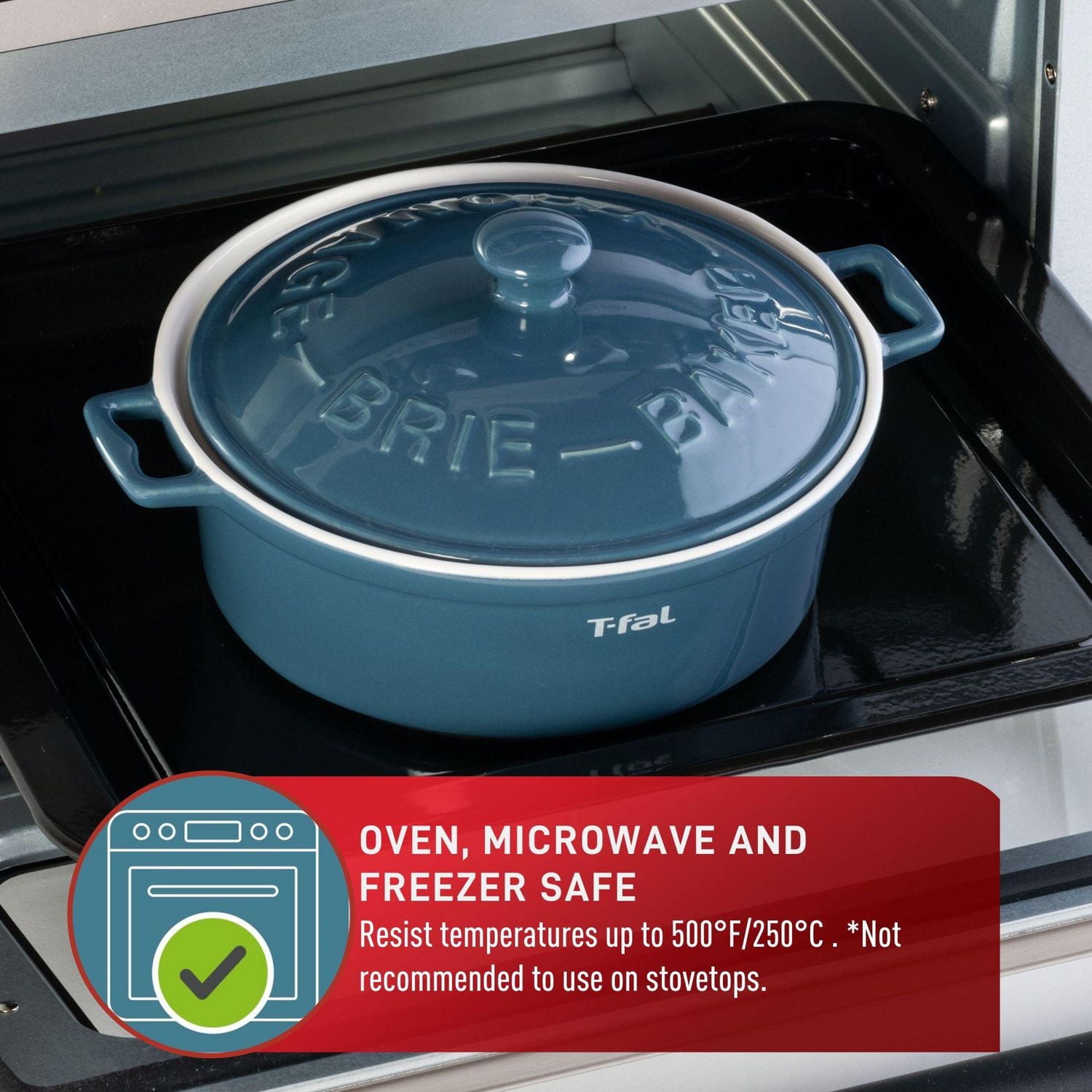 T-Fal Ceramic Brie Baker with lid and handles, 7-in/18cm, blue, 7-in/18cm