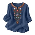 thumbnail image 2 of Favoffer Women's Washed Crinkle Linen Blend Shirt Boho Plus Size Embroidered Tunic 3/4 Sleeve V Neck Loose Peasant Top Elegant Summer Daily Travel Party Blouse, 2 of 7