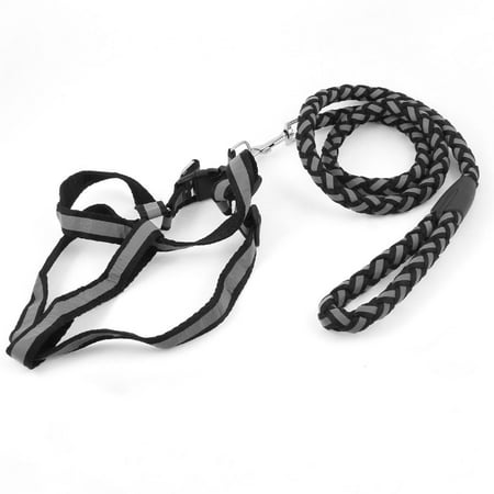 Unique Bargains Black Gray 1.2cm Rope Dia. Light Reflective Adjustable Dog Harness Leash 47.2