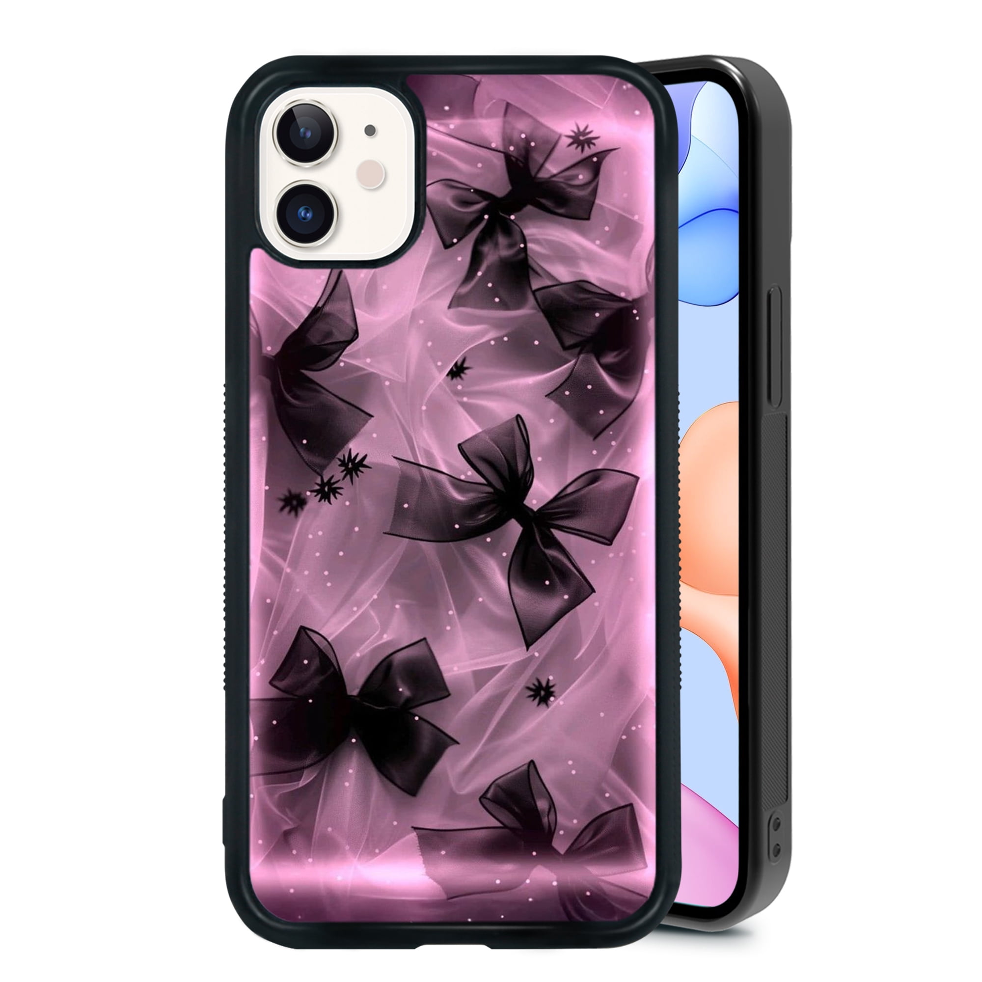 Rosette Bow for iPhone XR 7 8 SE 11 12 13 Mini 13 14 15 16 Pro Max Case, Cute Aesthetic Preppy Art Shock-Absorbent Protective,Black