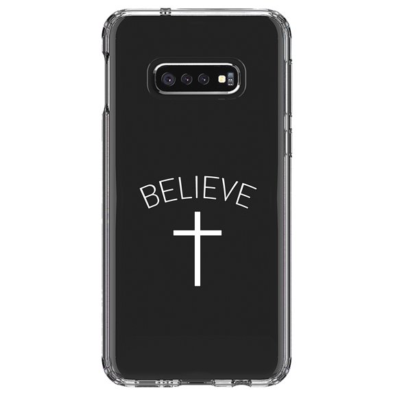 DistinctInk Clear Shockproof Hybrid Case for Samsung Galaxy S10e (5.8" Screen) - TPU Bumper Acrylic Back Tempered Glass Screen Protector - BELIEVE - Cross, Jesus