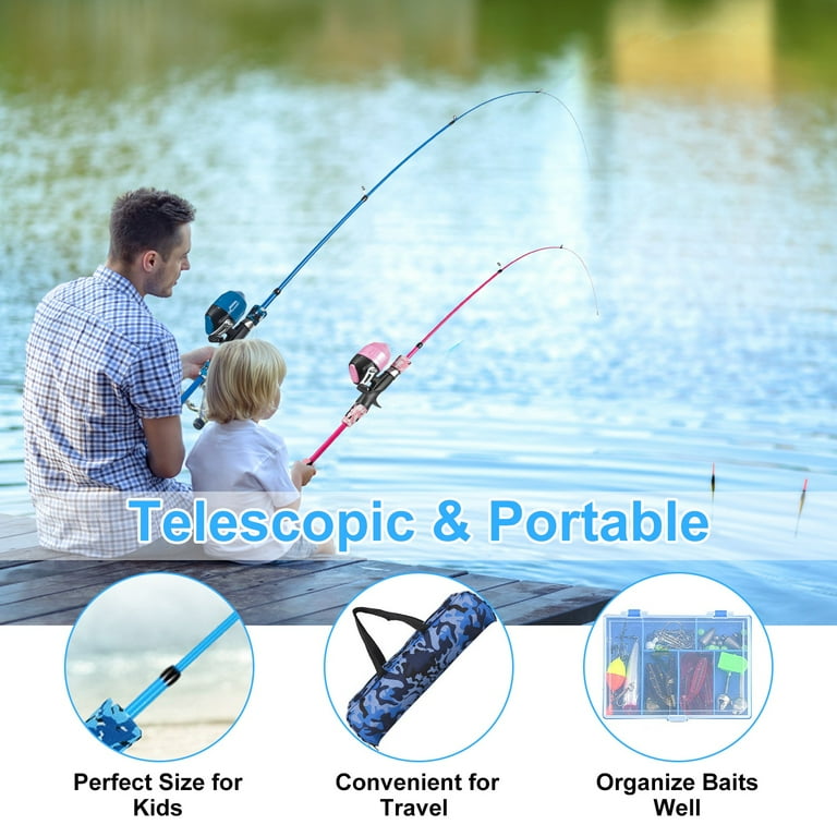 big 5 fishing pole kids Imountek Kids Fishing Pole Set with 56Pcs Fishing Lures 5ft Telescopic Fishing Rod and Reel Combo Kit Gift for Boys Girls, Blue