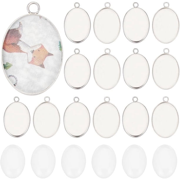 1 caja de 80 bandejas de bisel ovaladas para colgantes, juego de bandejas de acero inoxidable para colgantes, engastes de cabujón con foto, dijes de bisel en blanco con cabujones de vidrio