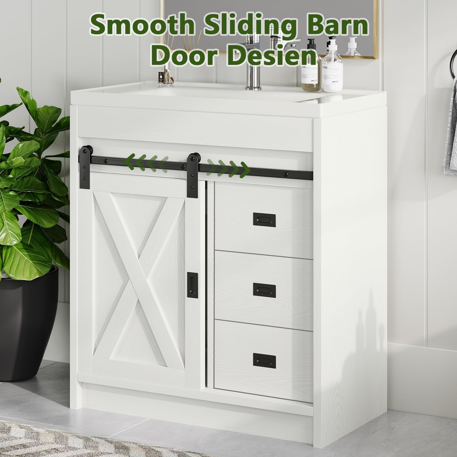 DreamCurship 32" Bathroom Vanity with Sink Combo, White Bathroom Storage Cabinet with Drawers, Farmhouse Bathroom Vanity Cabinet with Sliding Barn Doors, White