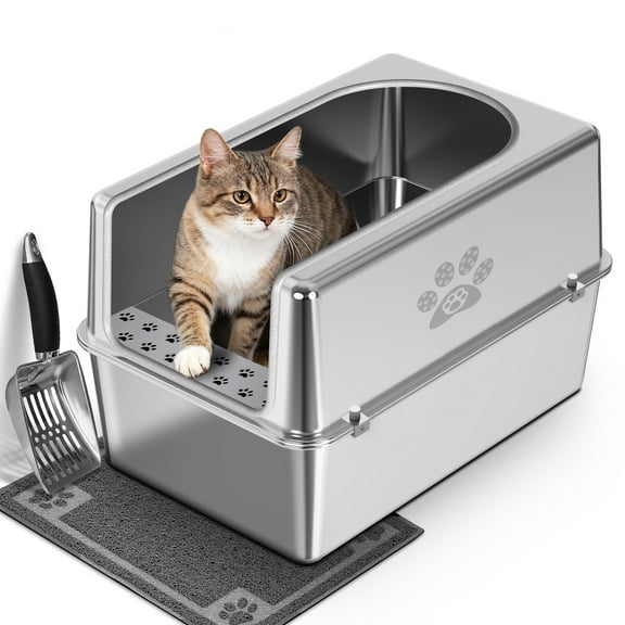 Ptlom Stainless Steel Litter Box with Lid Large Cat Litter Box Metal Litter Pan 23.6" X 15.7" X 11.8"
