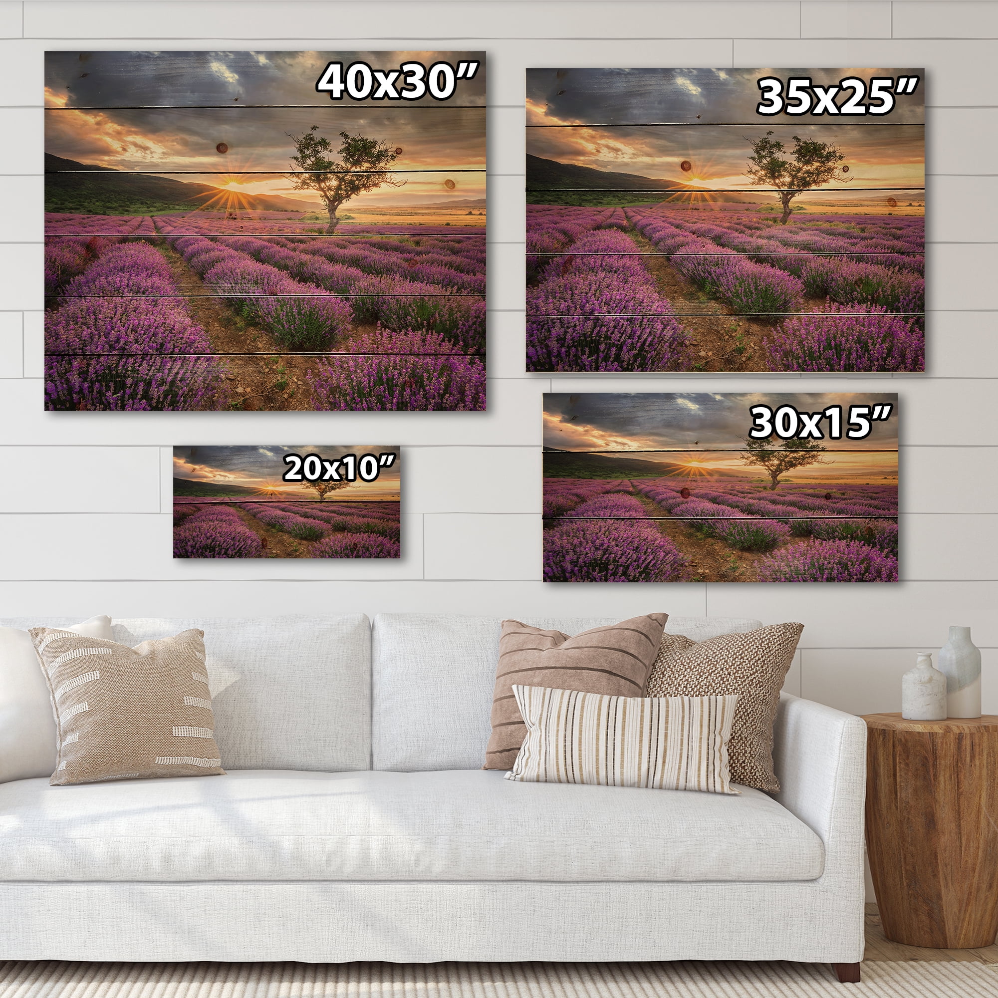 Designart 'Dramatic Clouds and Sunrise Over Lavender Field VIII' Farmhouse Print on Natural Pine Wood