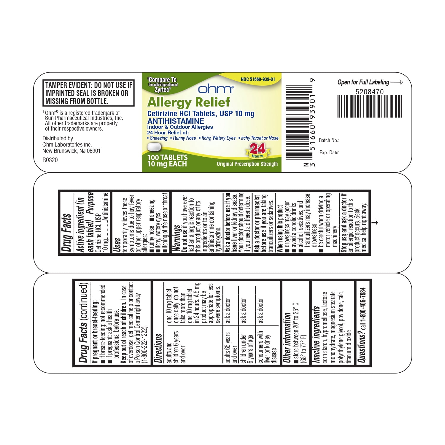 (3 pack) Ohm Cetirizine 10 mg, All Day Allergy Relief (100 Count) Antihistamine Tablets for Indoor & Outdoor Allergies, Hives, Hay Fever, Sneezing, Runny Nose, Itchy Nose or Throat, Dry Itchy Eyes