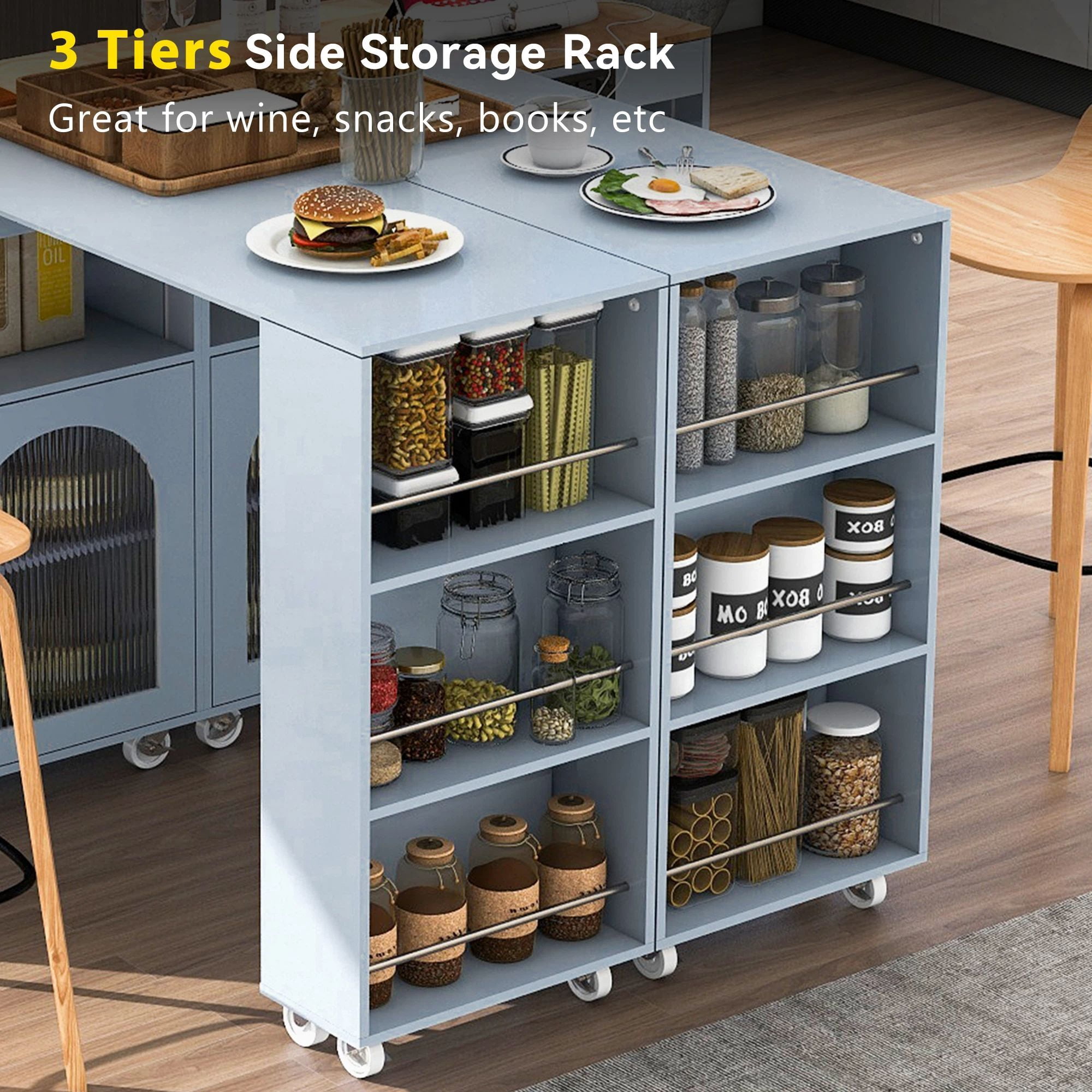 MODERNLUXE Rolling Kitchen Island with Extendable Dining Table, Mobile Island with Storage Cabinets & Side Open Shelves,Large Island Cart on Wheels for Kitchen & Dining Room,Grey Blue