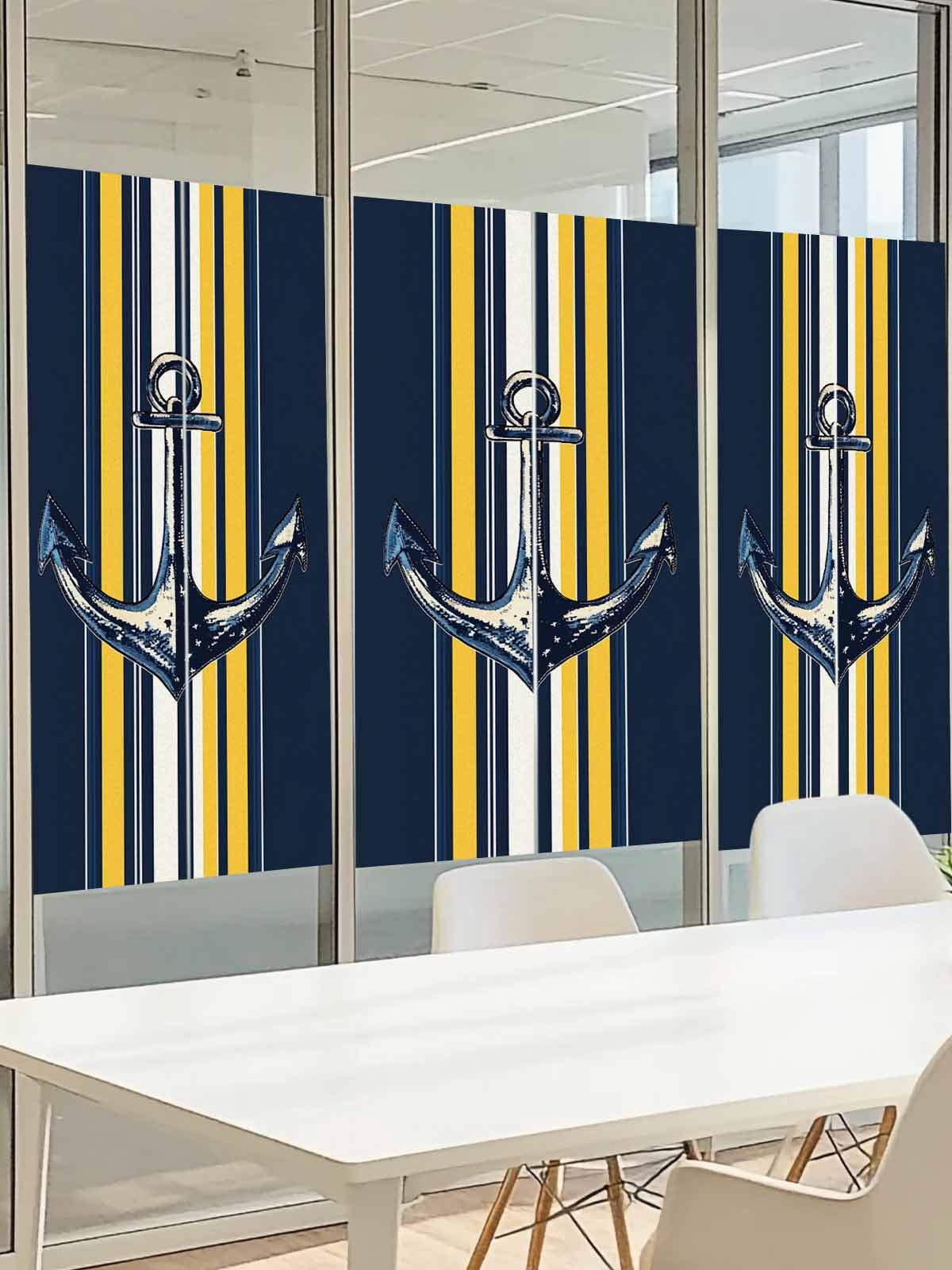 Vintage Anchor Window Privacy Film, Yellow Blue Striped Frosted Glass Window Clings Static Cling UV Heat Blocking Reusable Door Sticker for Bathroom 23.6 x 59 Inch