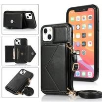 Dteck Card Holder Wallet Case for Apple iPhone 13 mini 5.4-inch,Shockproof Rubber Silicone Bumper PU Leather Card Pocket Hybrid Protective Kickstand Cover with Cross Body Shoulder Strap,Black