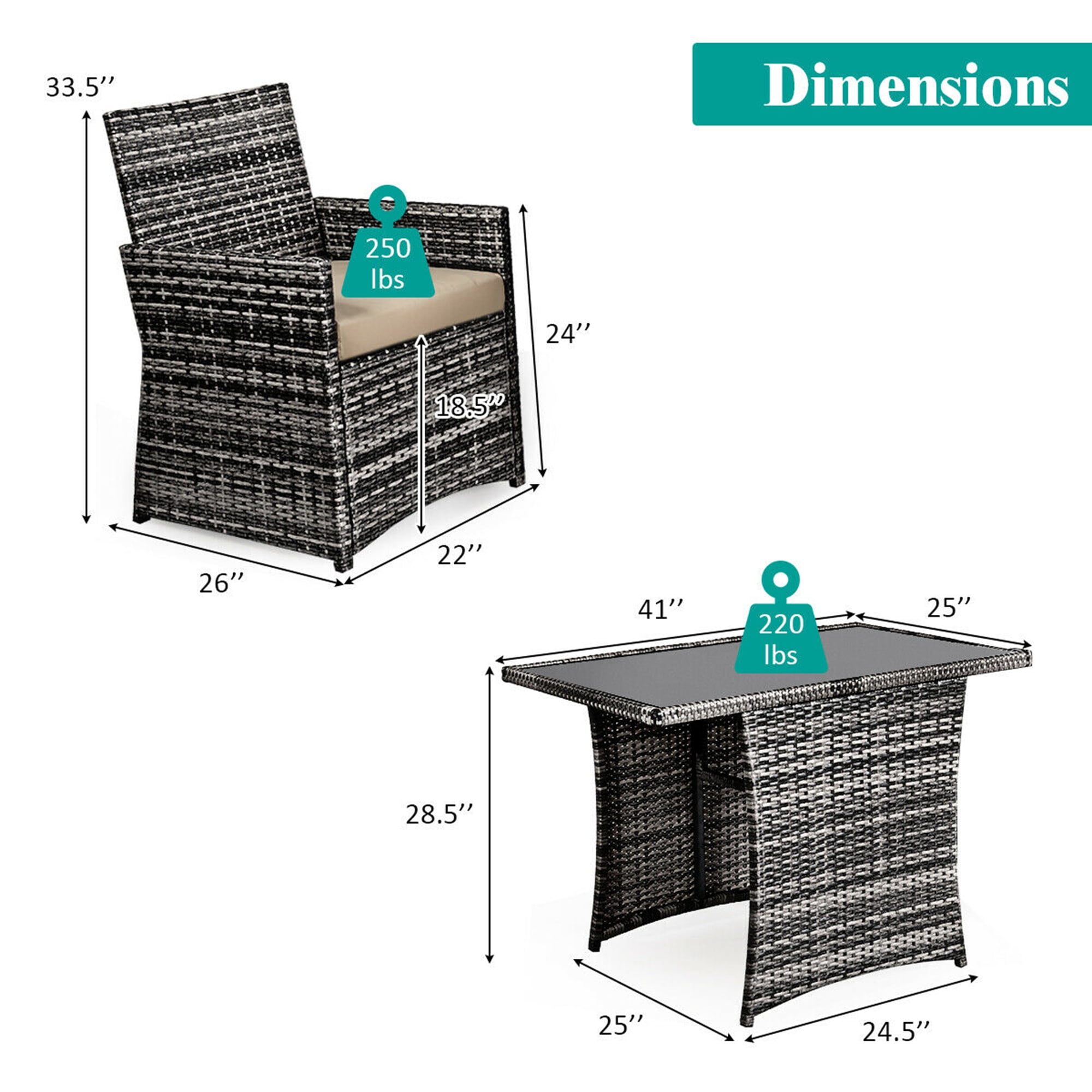 Gymax 3PCS Cushioned Wicker Rattan Patio Furniture Set Garden Yard Outdoor