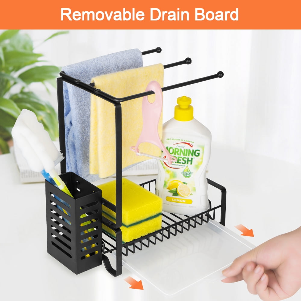 Gpoty Sponge Holder Kitchen Sink Caddy Organizer,Kitchen Sink Caddy Sponge Holder 3 in 1 Sink Organizer with with Towel Rack and Removable Drain Tray