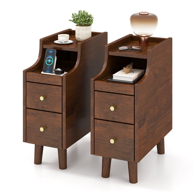 Gymax 2PCS Solid Wood End Table w/Pull-out Tray & 2 Storage Drawers Cable Management